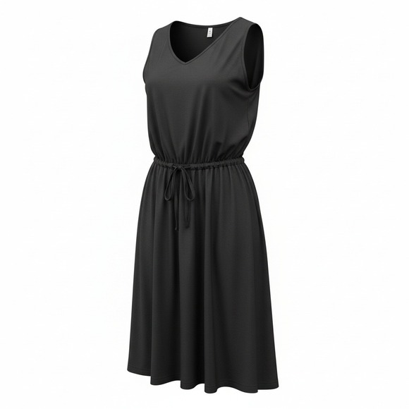 Dresses & Skirts - Black Sleeveless V-Neck Midi Dress with Drawstring Waist and Pockets XL